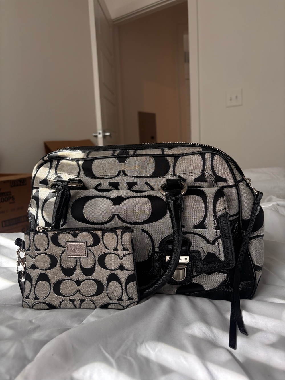 Coach Black and Gray Poppy Shoulder Bag with Wristlet